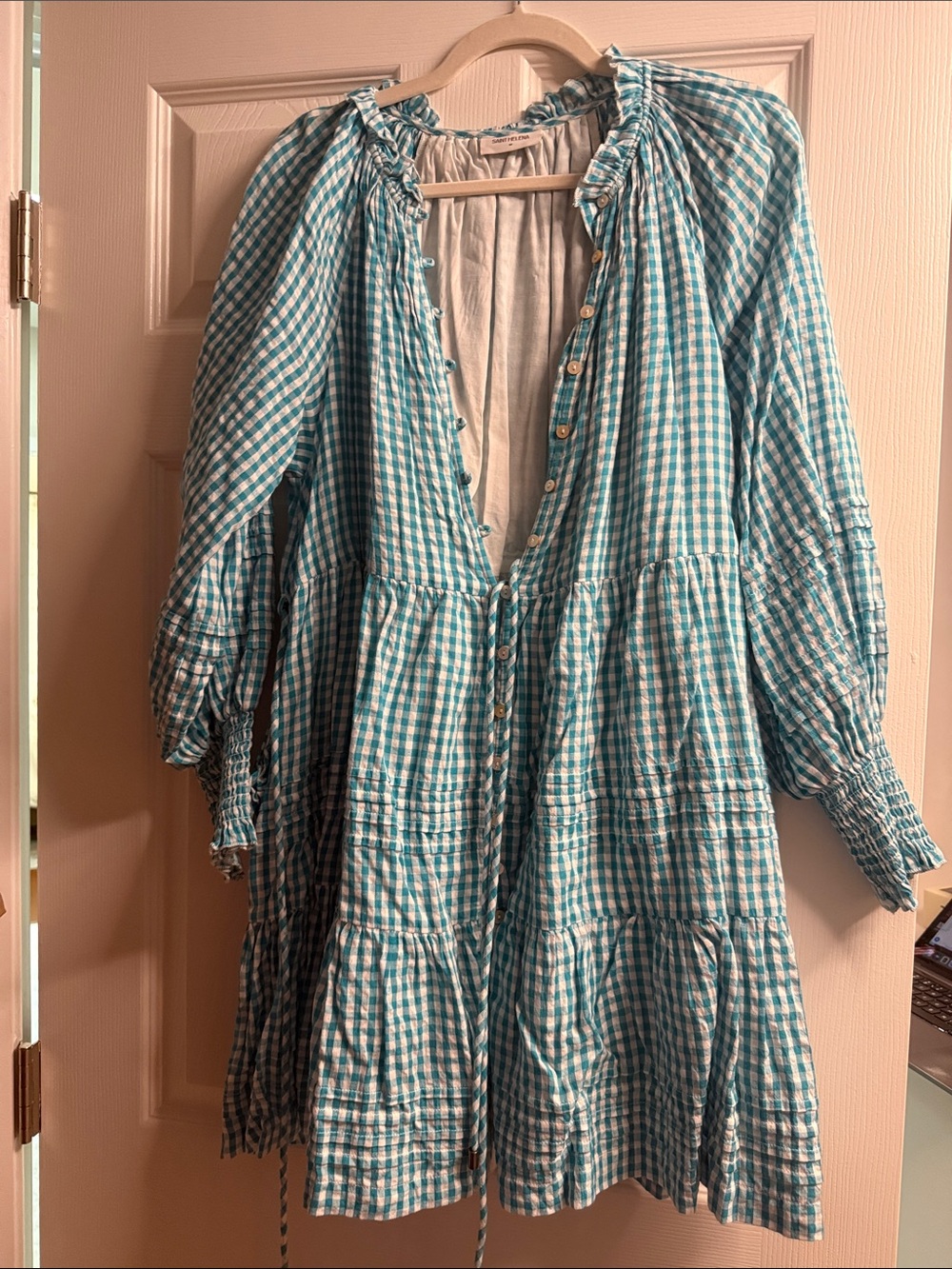 Women’s Tiered Gingham Button-Front Dress in Teal